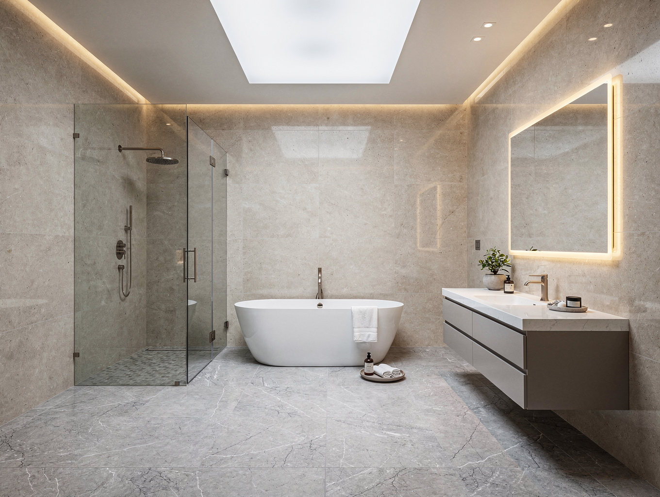 Luxury porcelain-tiled bathroom with walk-in rainfall shower