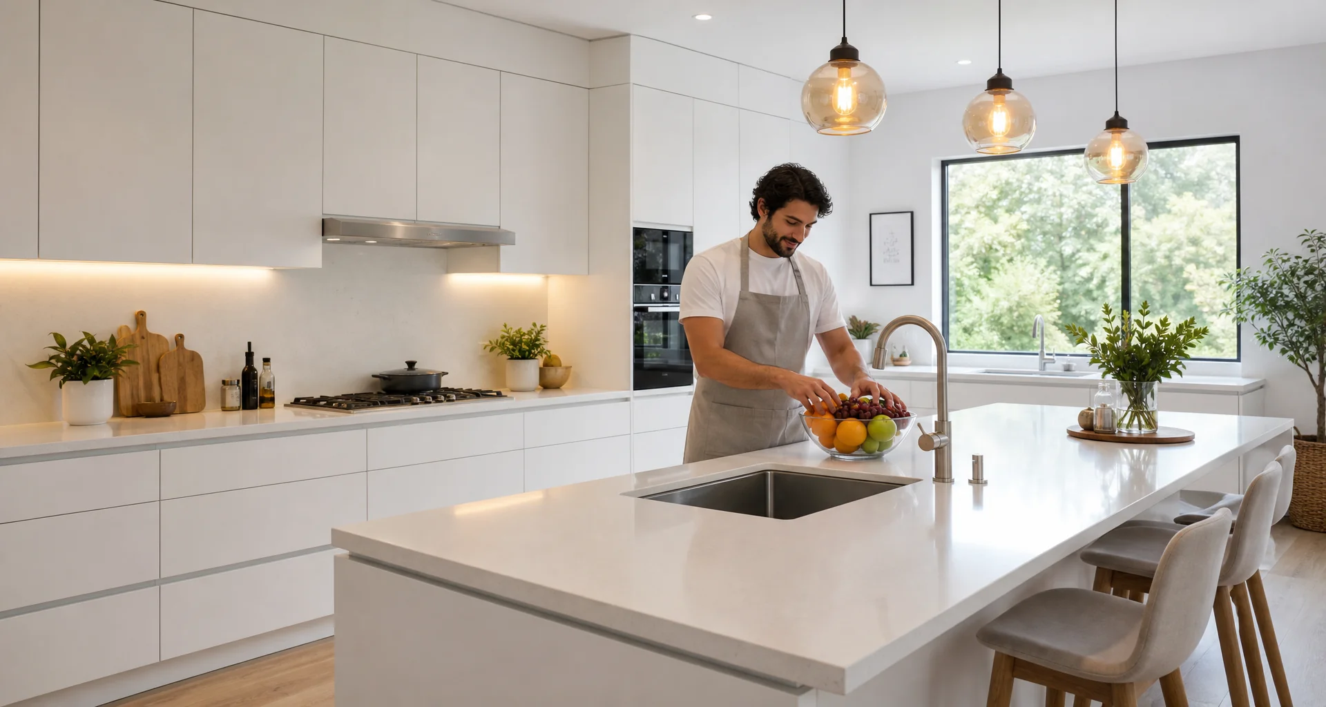 Modern kitchen renovation with central island and quartz countertops in Oxford