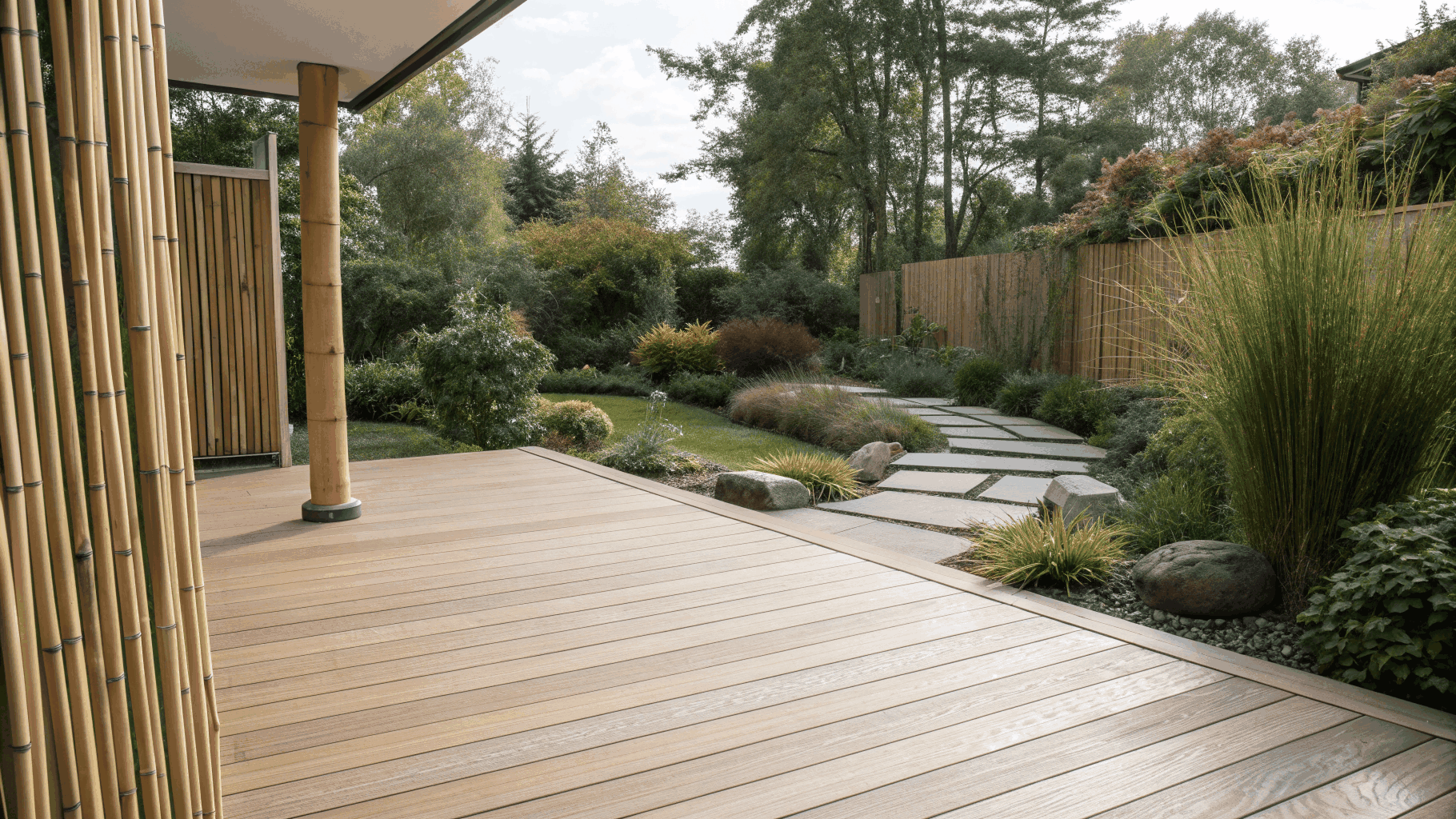 Completed garden landscaping with timber decking and stone patio